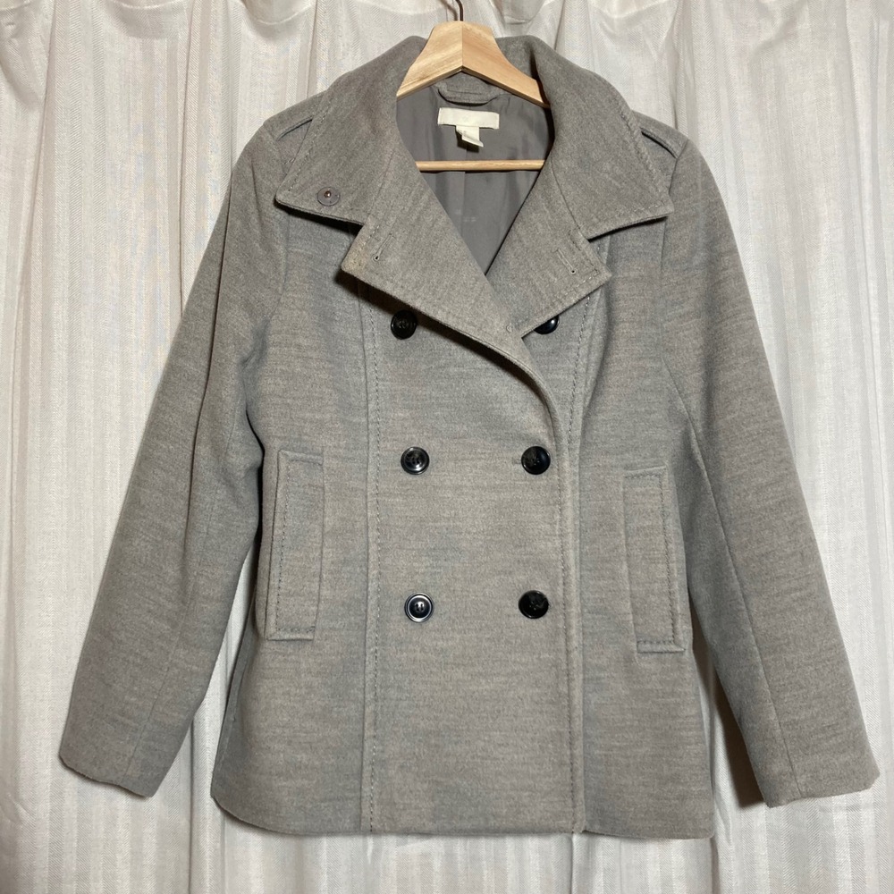 HM Womens Grey Double Breasted Pea Coat Jacket 10 Quiet Luxury Minimalist Preppy